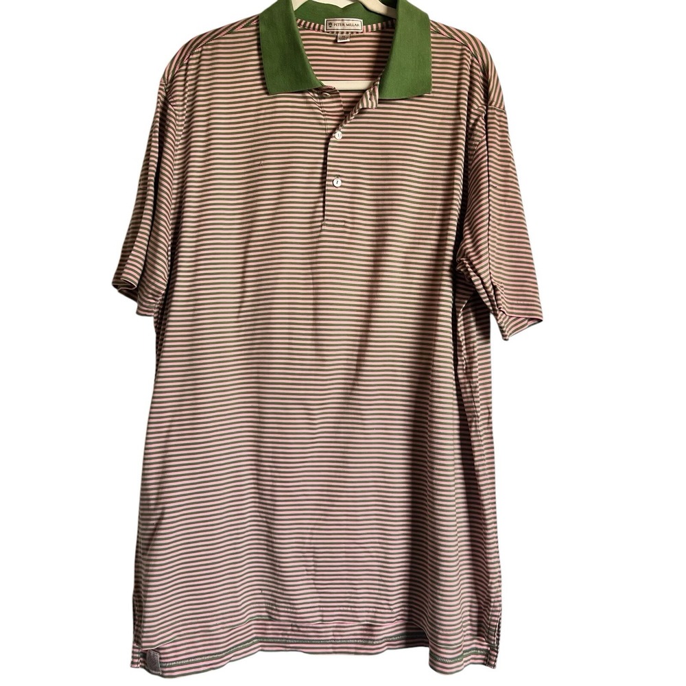 Peter Millar Men's XL Polo Shirt Luxury 100% Cotton Striped Golf Top Green Navy